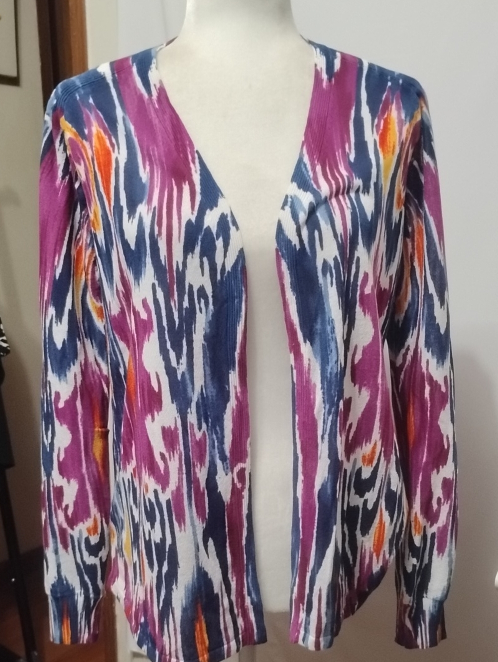 Chico's Open-Front Ikat Print Cardigan - Purple, Blue, Orange 0 Small